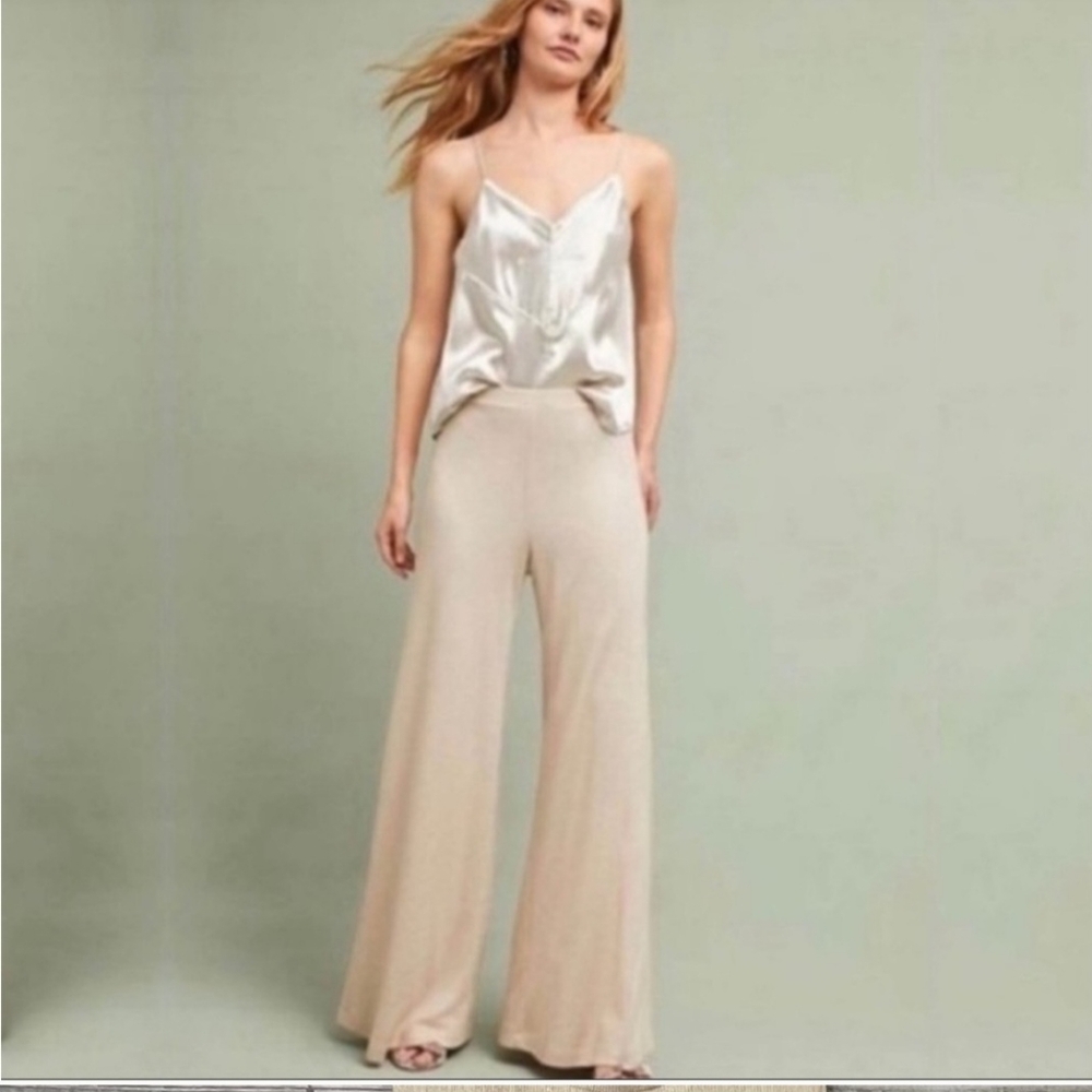 Feather and Bone Anthropologie Tavi Metallic Gold Wide Pull On Pants Sz M Gold